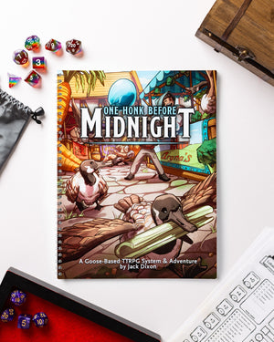 Game book titled 'One Honk Before Midnight' with dice and gaming accessories on a white surface