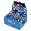 Gundam trading card game box with multiple packs on a white background