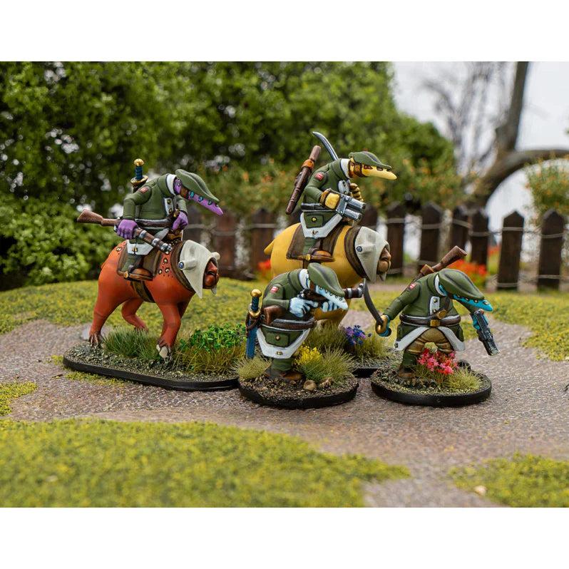 Miniature figures on round bases with a natural background