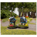 Two miniature figures in blue armor with spears on a grassy area with flowers.