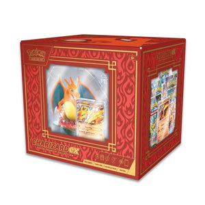Pokémon Charizard EX Premium Collection box with trading cards and figure on a white background