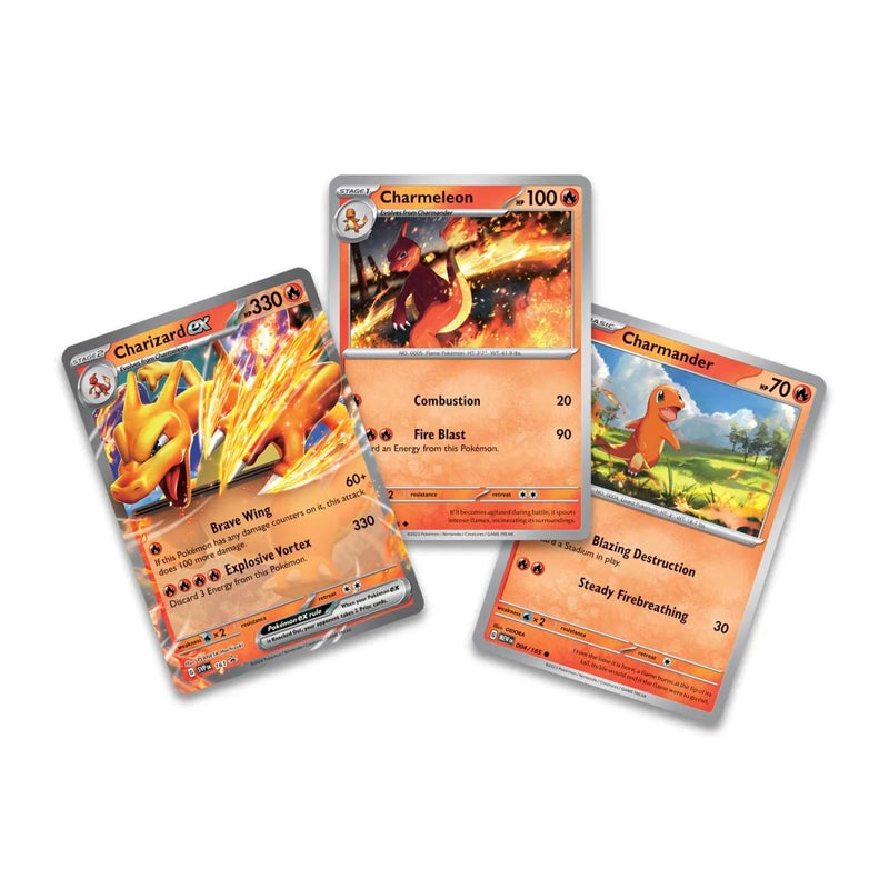Three Pokémon trading cards featuring Charizard, Charmeleon, and Charmander on a white background.