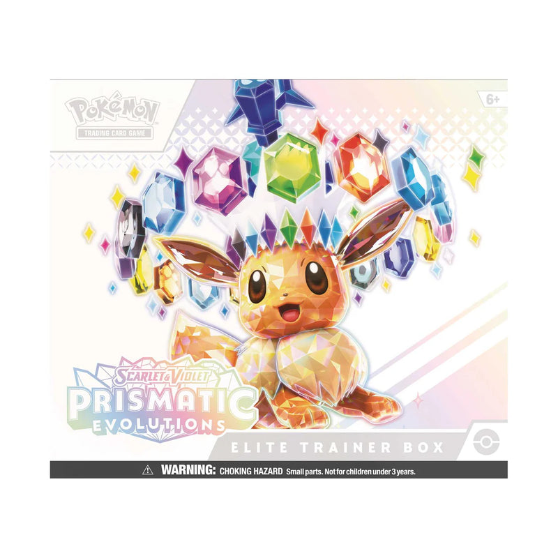 Pokémon Scarlet & Violet Prismatic Evolutions Elite Trainer Box packaging with Eevee illustration.
