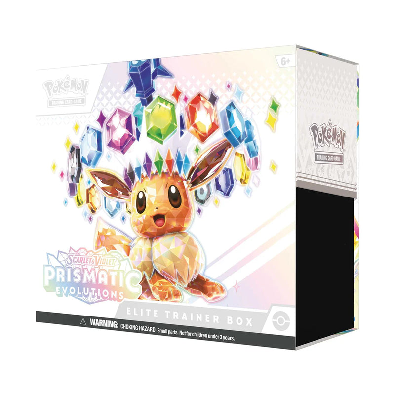 Pokémon Elite Trainer Box with Eevee figure and colorful gemstones on a white background