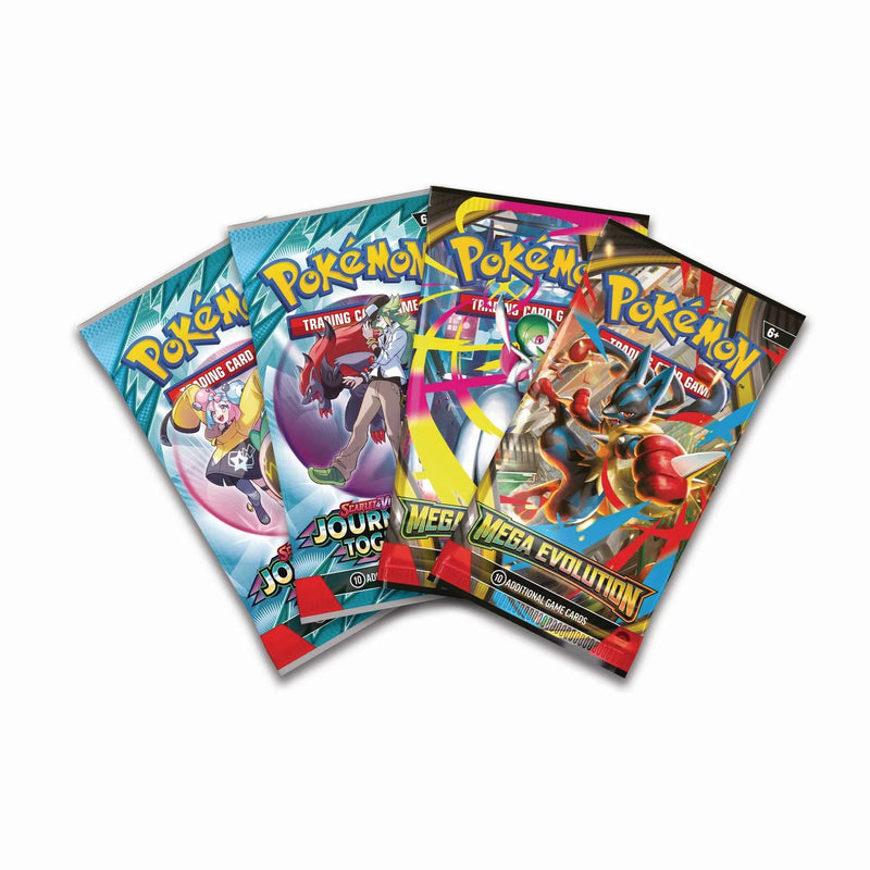 Four Pokemon trading card packs on a white background