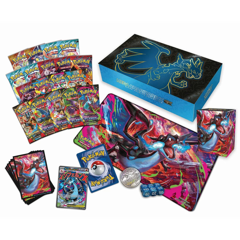 Contents of the Pokemon Mega Charizard Ultra-Premium Collection, featuring booster packs, a promo card and accessories on a white background