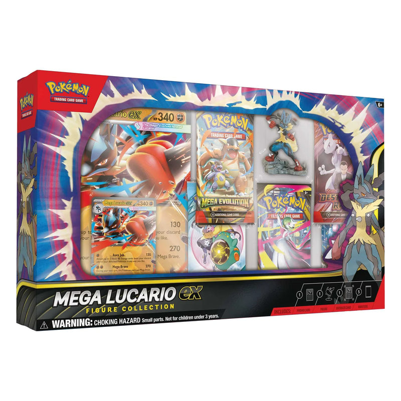 Pokémon Mega Lucario EX Figure Collection packaging with cards and toys on a white background