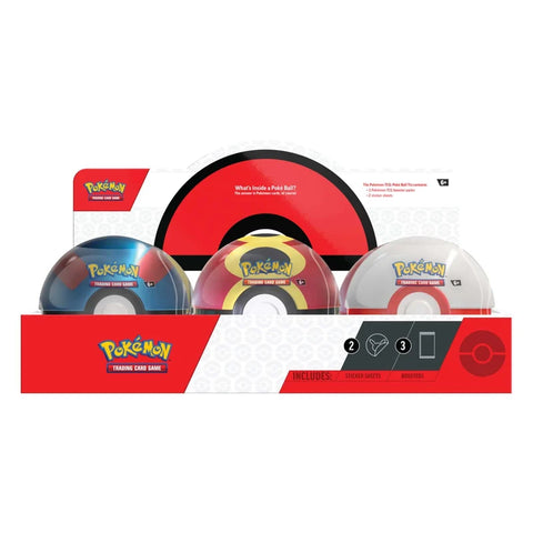 Pokémon trading card game packaging with Poké Ball designs on a white background