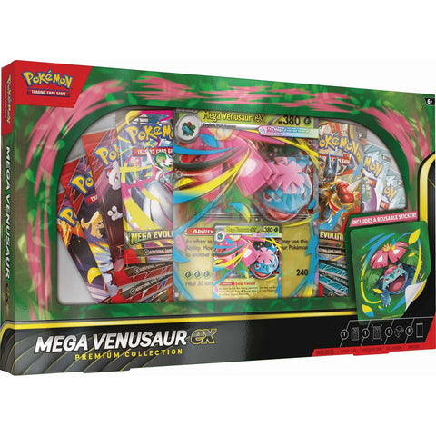 Pokémon Mega Venusaur EX Premium Collection packaging with cards and toys.