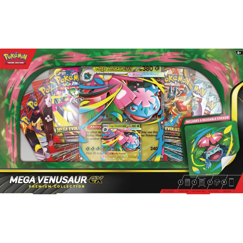 Pokémon Mega Venusaur EX Premium Collection packaging with trading cards and accessories.