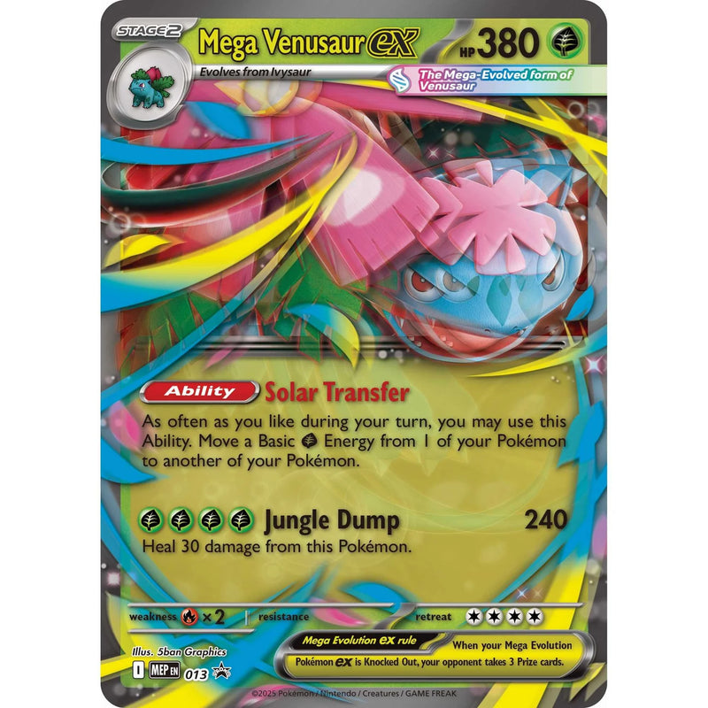 Pokémon trading card featuring Mega Venusaur EX with colorful design and text.
