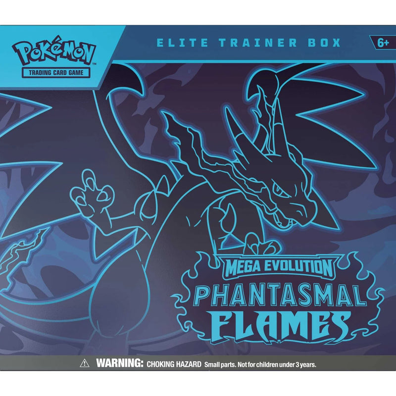 Pokémon Trading Card Game Elite Trainer Box packaging with Mega Evolution Phantasmal Flames design.