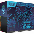 Pokémon trading card game elite trainer box with Mega Evolution Phantasmal Flames design on a blue background