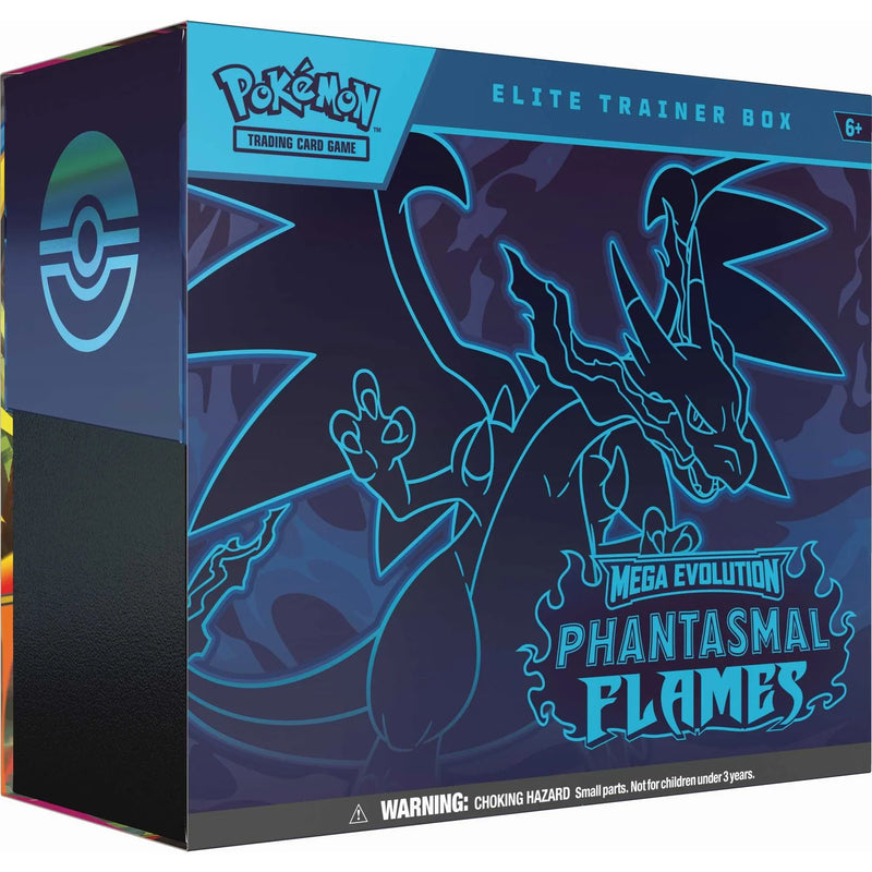 Pokémon trading card game elite trainer box with Mega Evolution Phantasmal Flames design on a blue background
