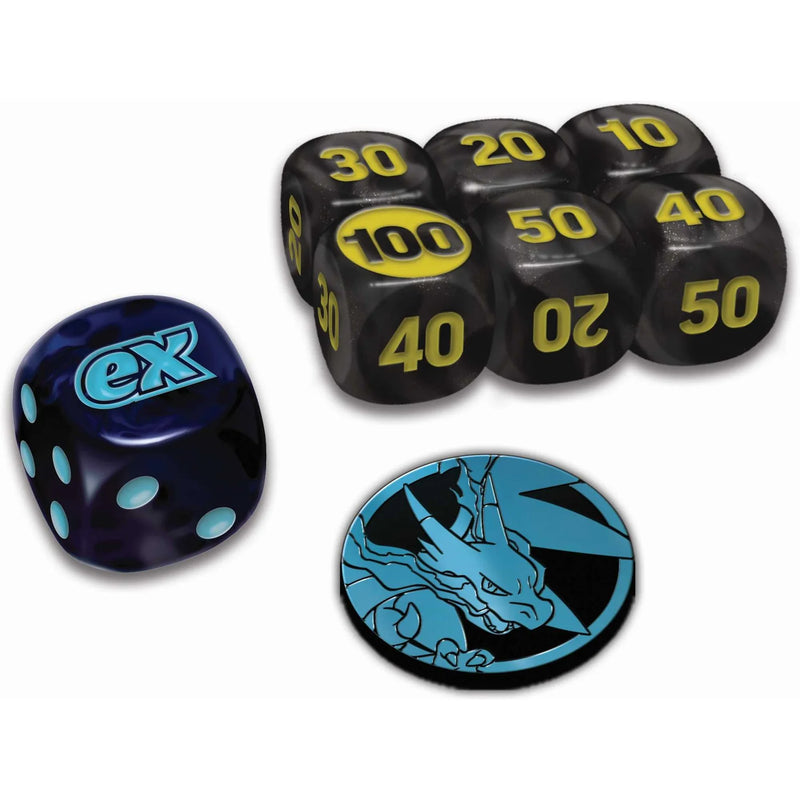 Set of dice with various numbers and a blue dragon emblem on a white background