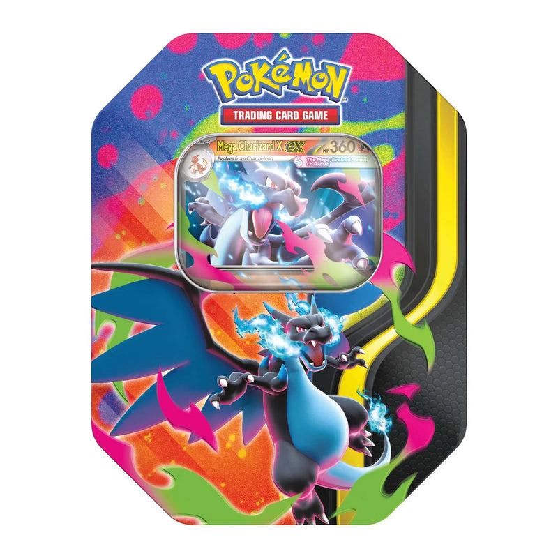 Pokémon Mega Charizard X ex Tin packaging featuring Charizard artwork.