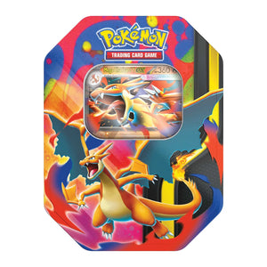 Pokémon Mega Charizard Y ex Tin packaging featuring Charizard artwork.
