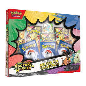 Pokémon Ascended Heroes First Partners Deluxe Pin Collection packaging with pins, promo cards, and boosters.