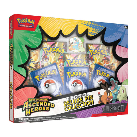 Pokémon Ascended Heroes First Partners Deluxe Pin Collection packaging with pins, promo cards, and boosters.