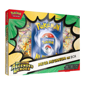 Packaging of the Pokemon Ascended Heroes Mega Meganium ex Box on a white background.