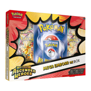 Packaging of the Pokemon Ascended Heroes Mega Emboar ex Box on a white background.