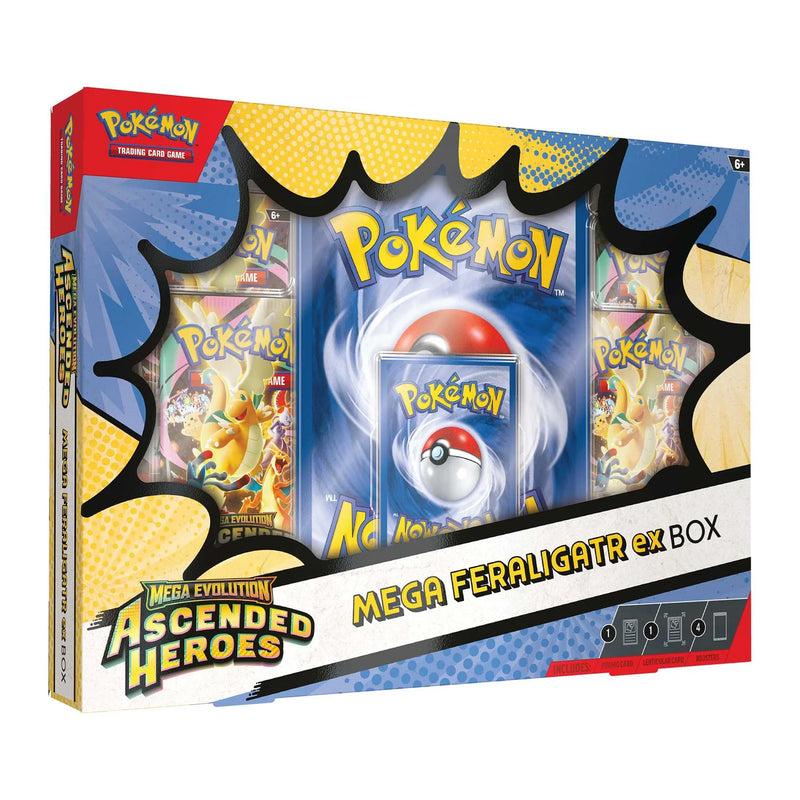 Packaging of the Pokemon Ascended Heroes Mega Feraligatr ex Box on a white background.