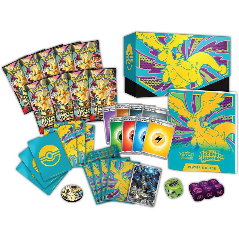 Pokémon Ascended Heroes Elite Trainer Box packaging and contents with themed artwork.