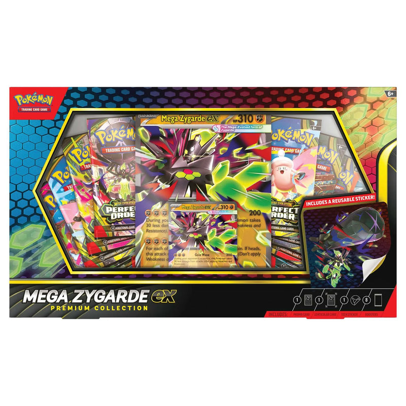 Pokémon Mega Zygarde EX Premium Collection packaging with trading cards and artwork.