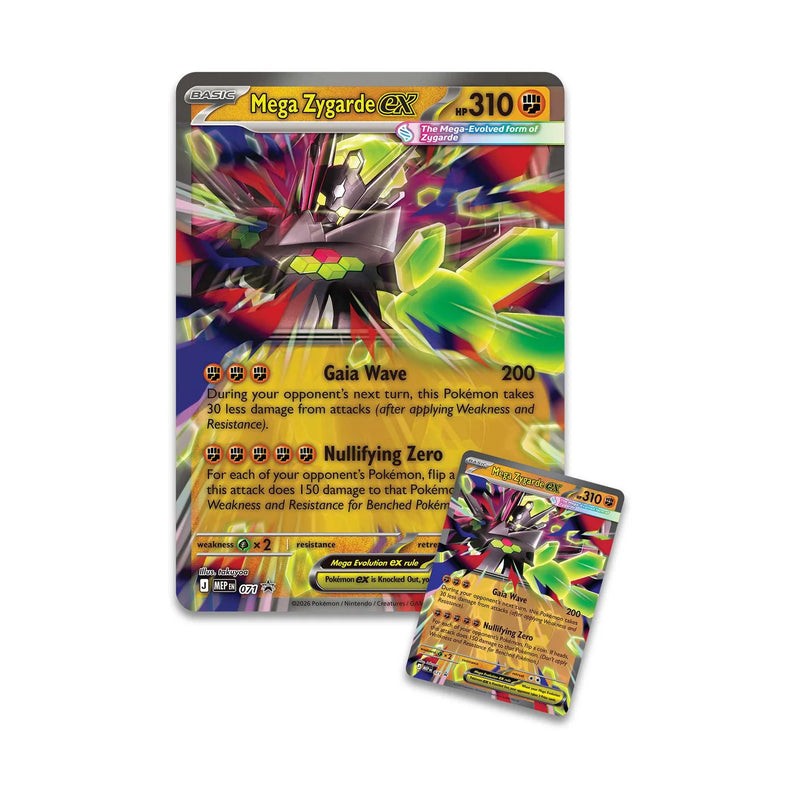 Colorful trading card featuring MegaZygarde EX with detailed artwork and text on a white background.