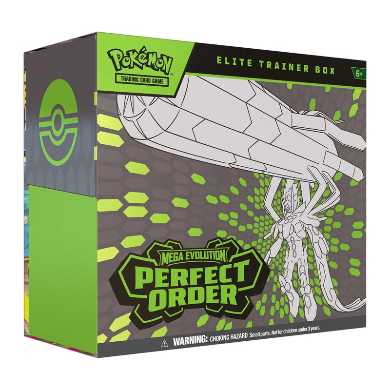 Pokémon Perfect Order Elite Trainer Box packaging with themed artwork and contents.