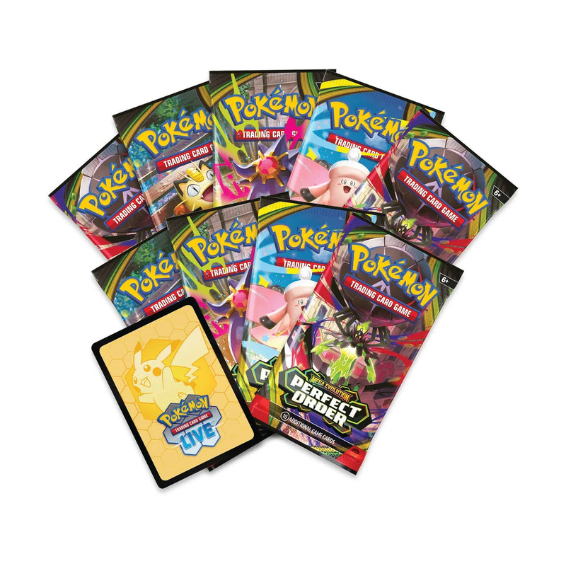 Pokémon Perfect Order Elite Trainer Box packaging with themed artwork and contents.
