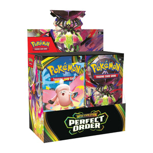 Pokémon Perfect Order Booster Box packaging with multiple booster packs and set artwork.
