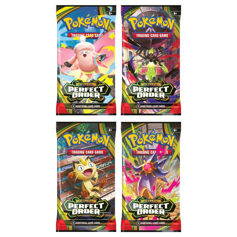 Pokémon Perfect Order Booster Box packaging with multiple booster packs and set artwork.