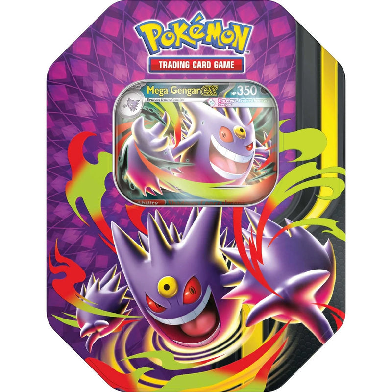 Pokémon trading card game packaging with Mega Gengar card on a colorful background