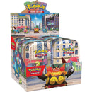 Pokémon trading card game packaging with cityscape background