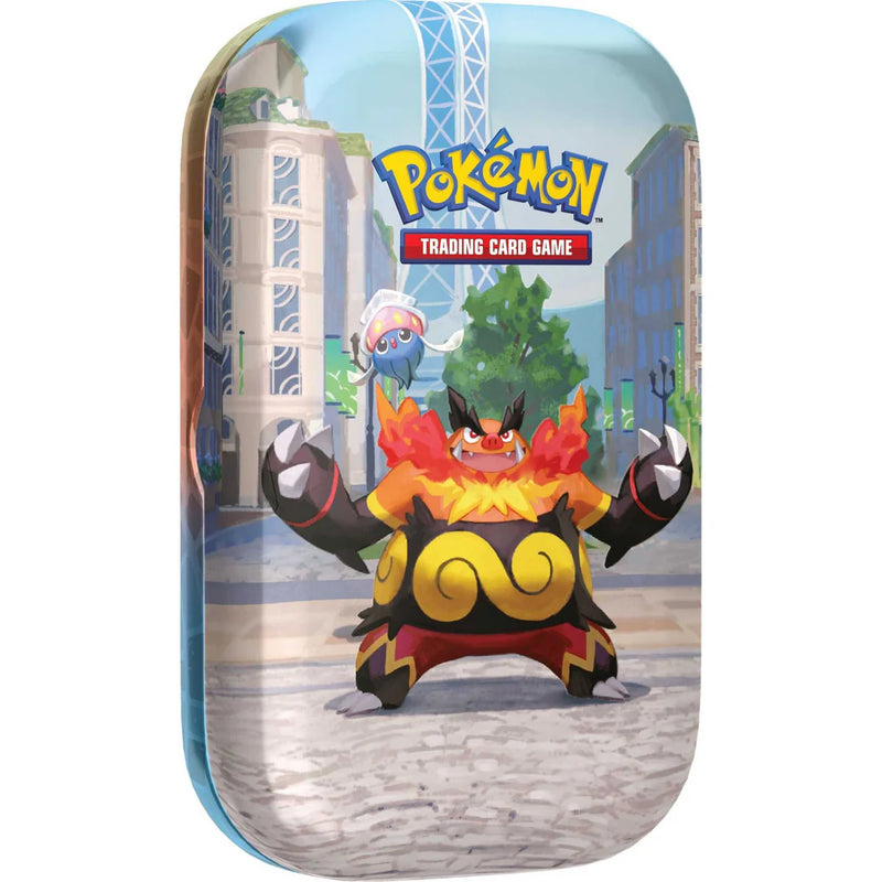 Pokémon Trading Card Game tin with a Pokémon character on a cityscape background