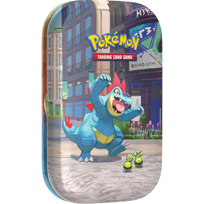 Pokémon trading card game tin with a cartoon character on a city street background