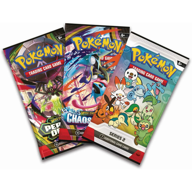 Three Pokémon trading card game packs on a white background