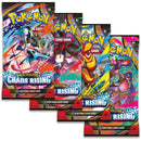 Pokémon card game packs with colorful designs on a white background