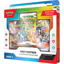 Pokémon Trading Card Game First Partner Illustration Collection Series 3 box set packaging, showing three illustrated booster packs and bonus promo cards inside a bright blue, white, and red retail box.