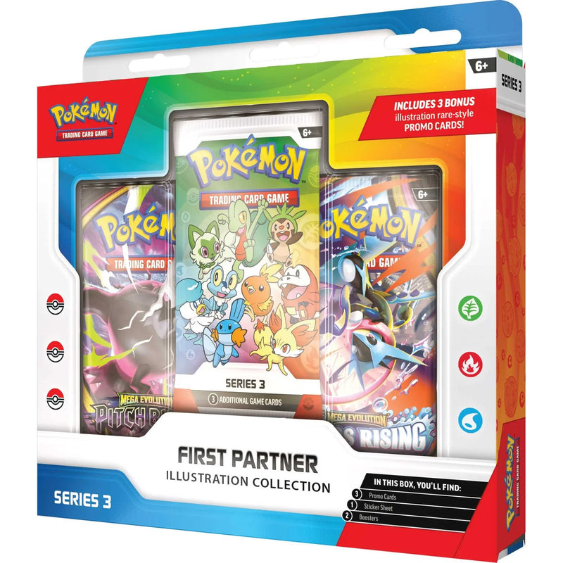 Pokémon Trading Card Game First Partner Illustration Collection Series 3 box set packaging, showing three illustrated booster packs and bonus promo cards inside a bright blue, white, and red retail box.