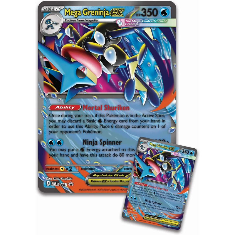 Colorful trading card featuring Mega Greninja EX with detailed artwork and text on a white background.