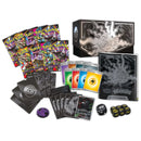 Collection of Pokémon trading cards with various packs and a die on a white background