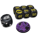 Black dice with yellow numbers and a purple die with a logo on a white background