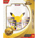 Pokémon Trading Card Game Binder Collection 30th Celebration box set, featuring a large Pikachu graphic and several Pokémon booster packs visible through a clear window on the front.