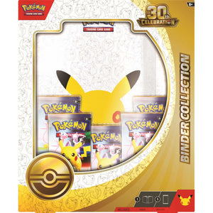 Pokémon Trading Card Game Binder Collection 30th Celebration box set, featuring a large Pikachu graphic and several Pokémon booster packs visible through a clear window on the front.