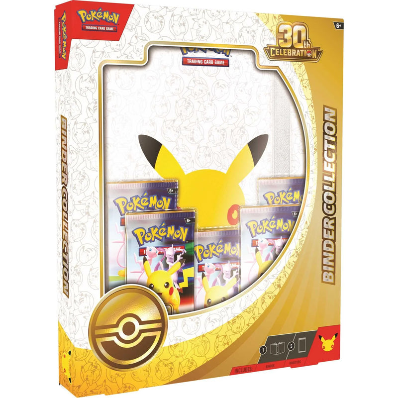 Pokémon Trading Card Game 30th Celebration Binder Collection box, featuring a large Pikachu symbol and several booster packs visible through a clear front window.