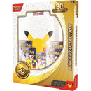 Pokémon Trading Card Game 30th Celebration Binder Collection box, featuring Pikachu artwork and a window displaying several booster packs inside.