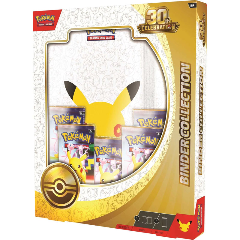 Pokémon Trading Card Game 30th Celebration Binder Collection box, featuring Pikachu artwork and a window displaying several booster packs inside.