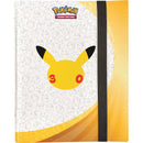 A Pokémon trading card game binder featuring Pikachu's face on a white patterned background with yellow accents and a black elastic closure band.